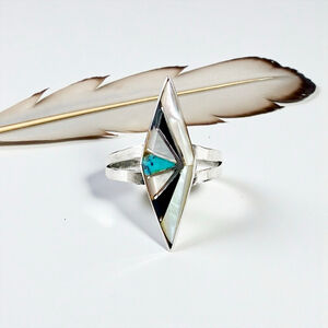 Native American Navajo Sterling Silver Ring Turquoise Onyx Mother of Pearl Inlay
